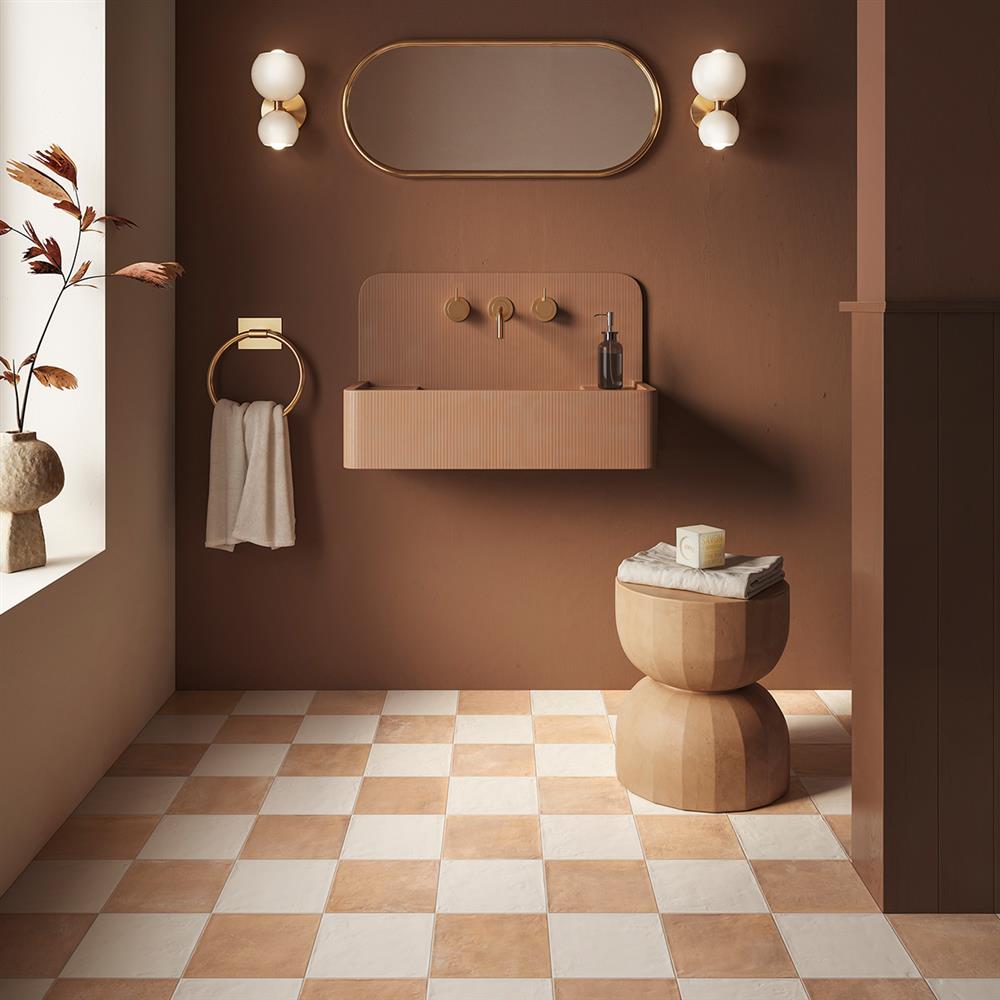 Terracotta Light porcelain tiles in a checkerboard design